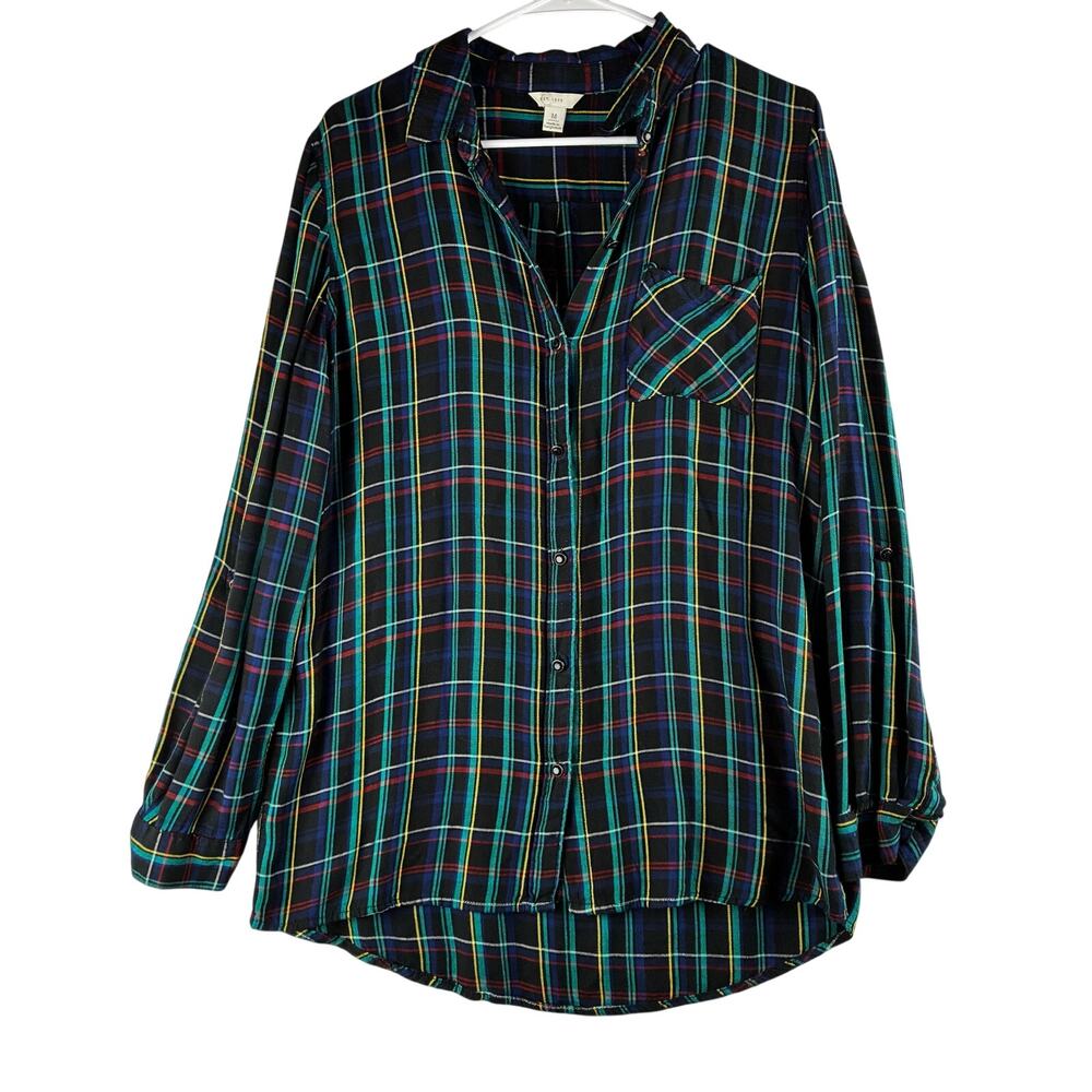 Cato Long Sleeve Button Up Blouse Womens Medium Plaid Black Dark Academia Neons